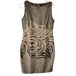 Hilton Hollis Metallic Green and Beige Zebra Print Sleeveless Sheath Dress Size8